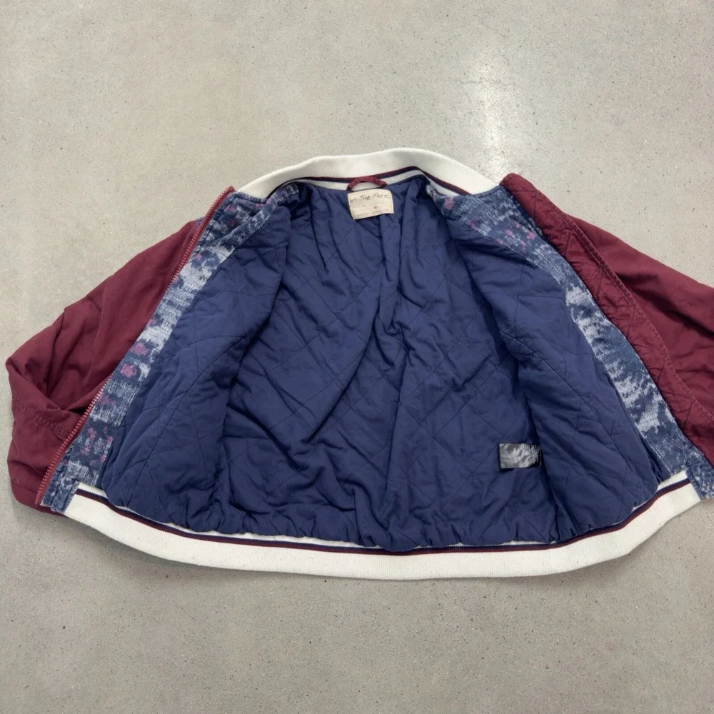 Free People Women's Bomber Jacket Varsity Dreams Linen Blend Ikat Print Sz Med